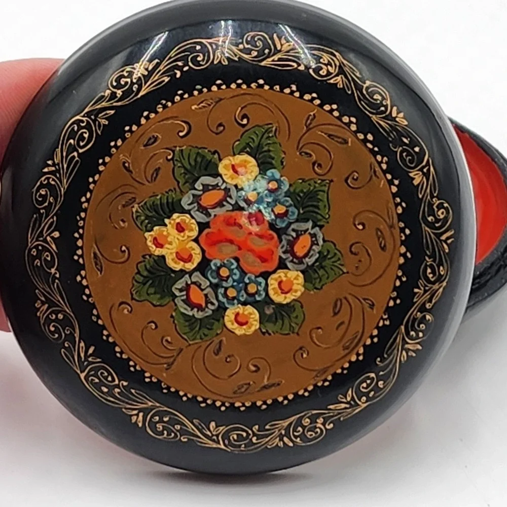 Vintage Russian Lacquer Floral Trinket Box Hand Painted Round 3